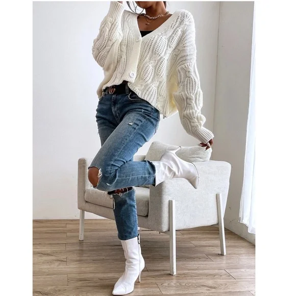 White Cable Knit Button Front Cardigan - Picture 6 of 7